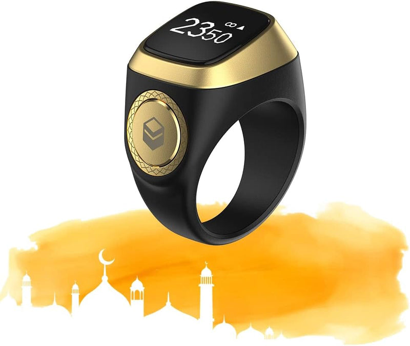 خاتم رجالي، مقياس ذكي للحمد، خاتم إسلامي، تذكير بالرنين، تذكير بأوقات الصلاة الإسلامية، شاشة LED، اتصال بلوتوث، 18 مم (أسود) 